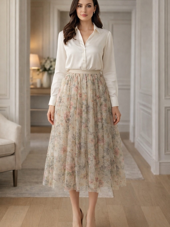 Astrid Dresses & Skirts - Floral Tulle Midi Skirt in Soft Beige